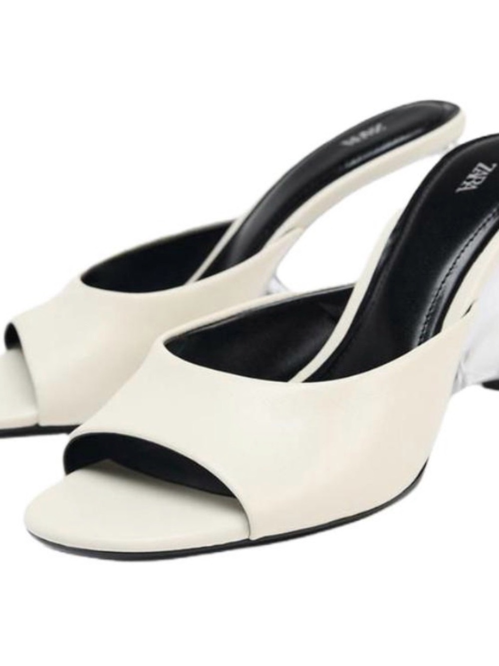 White Leather Open-Toe Slip-On Heels with Transparent Wedge